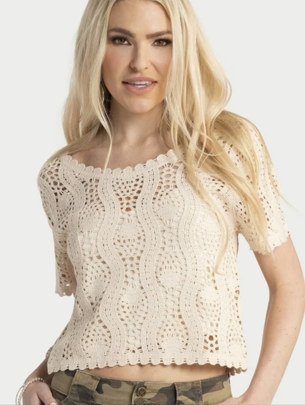 Jessica Simpson Cream Crochet Scoop Neck Crop Top XS